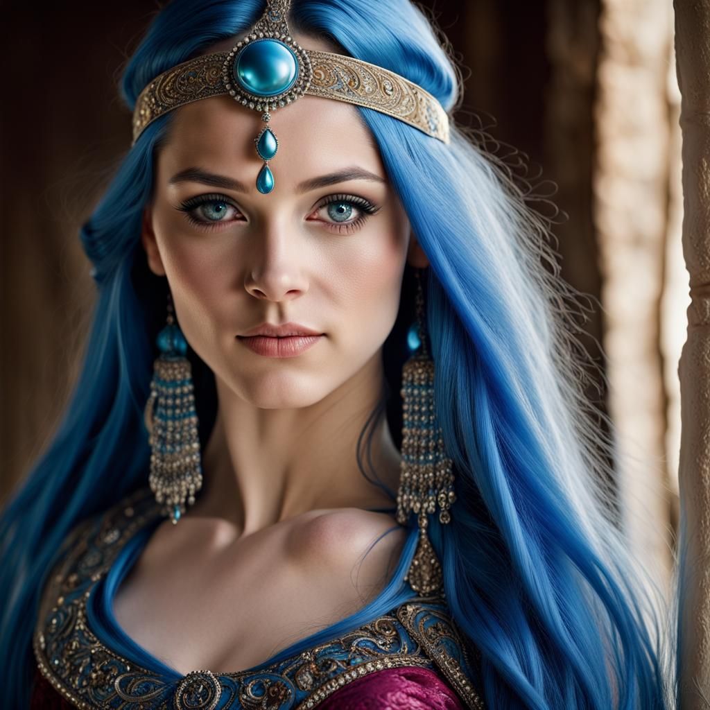 teenage 
girl with long blue hair and blue eyes wearing a be...