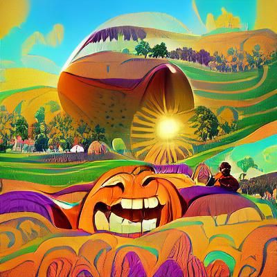 The sun shines through a gap in the mountains, a giant grinning pumpkin in the foreground in a pumpkin farm. #artstation #cartoon #60s psychedelic poster