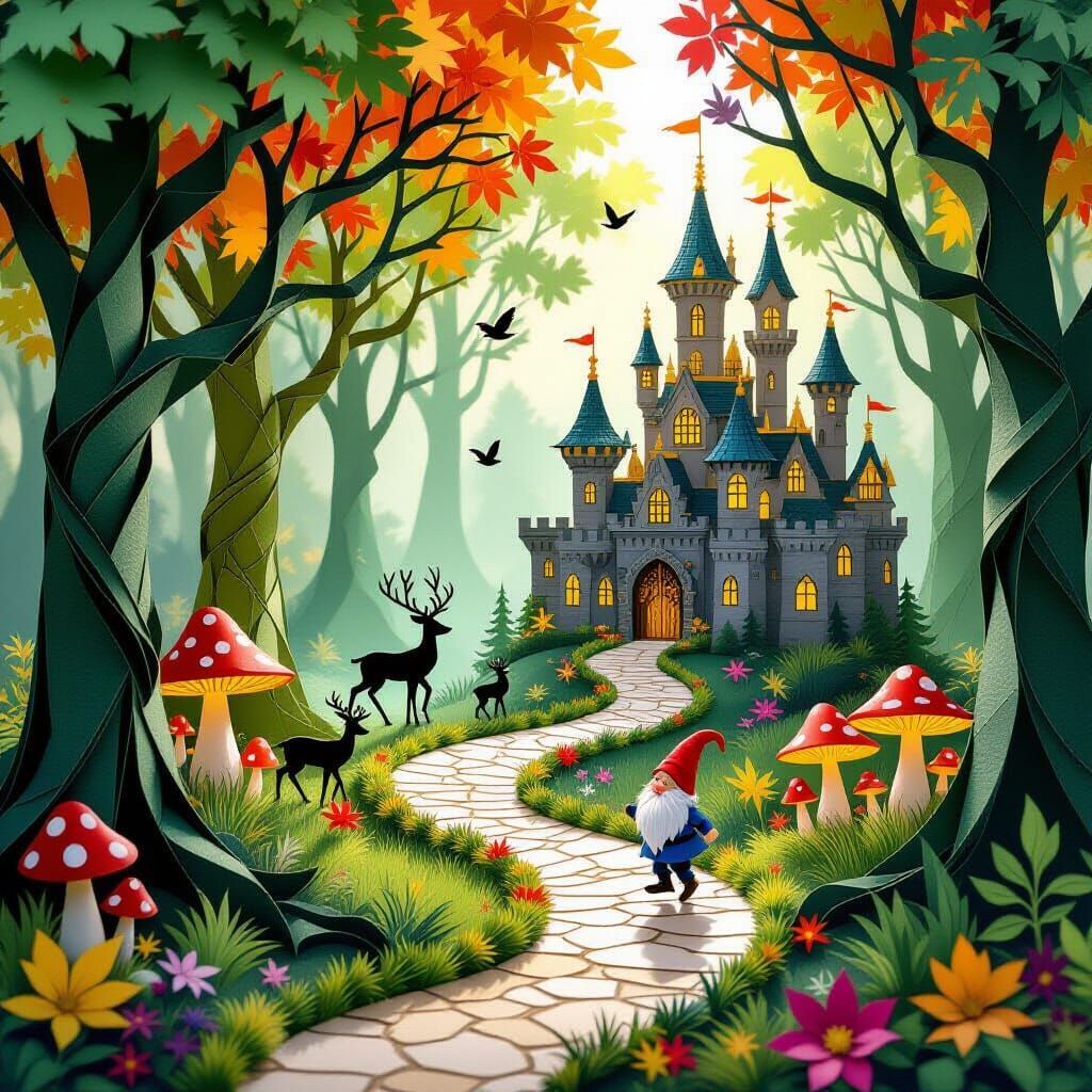 A whimsical gnome journeys along a winding path to a glowing castle, in layered kirigami 