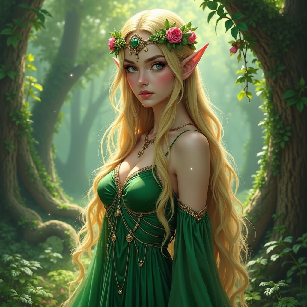 Enchanting Elf in Mystical Forest, Fantasy Art