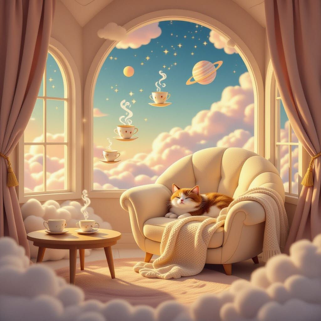A soft, dreamlike room made of plush clouds and stitched fabric walls, glowing with warm golden light. ...  by @Tiger princess 