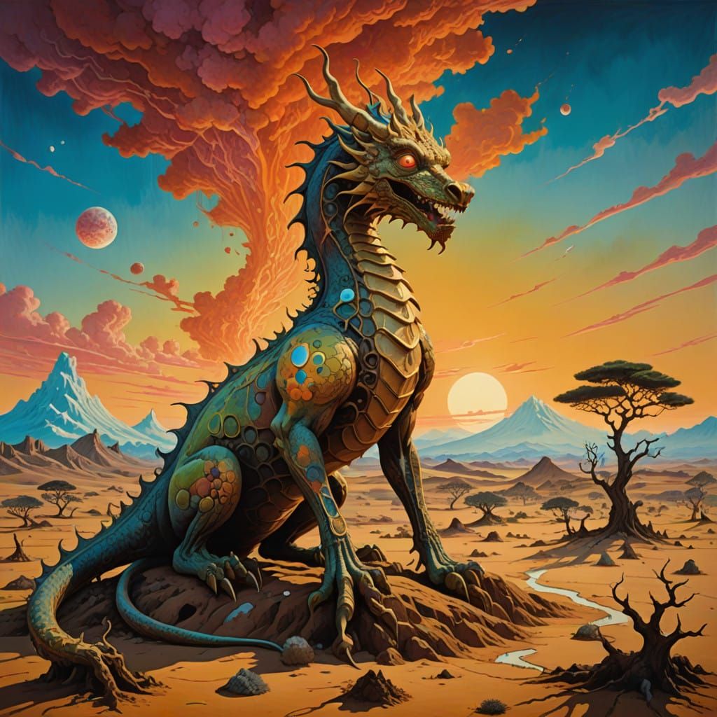 Terracotta Dragon in Iridescent Desert Landscape