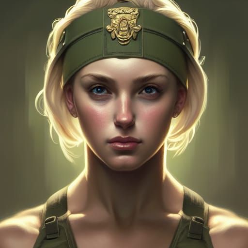 "SONYA" blonde female soldier headband in a green tank top h...