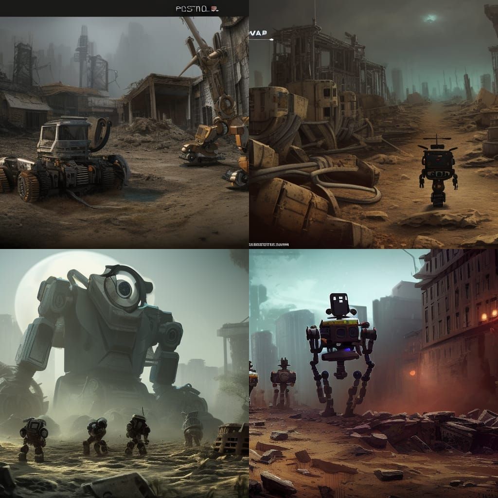 post apocalypse scrap built robots searching ruins for scrap - AI ...