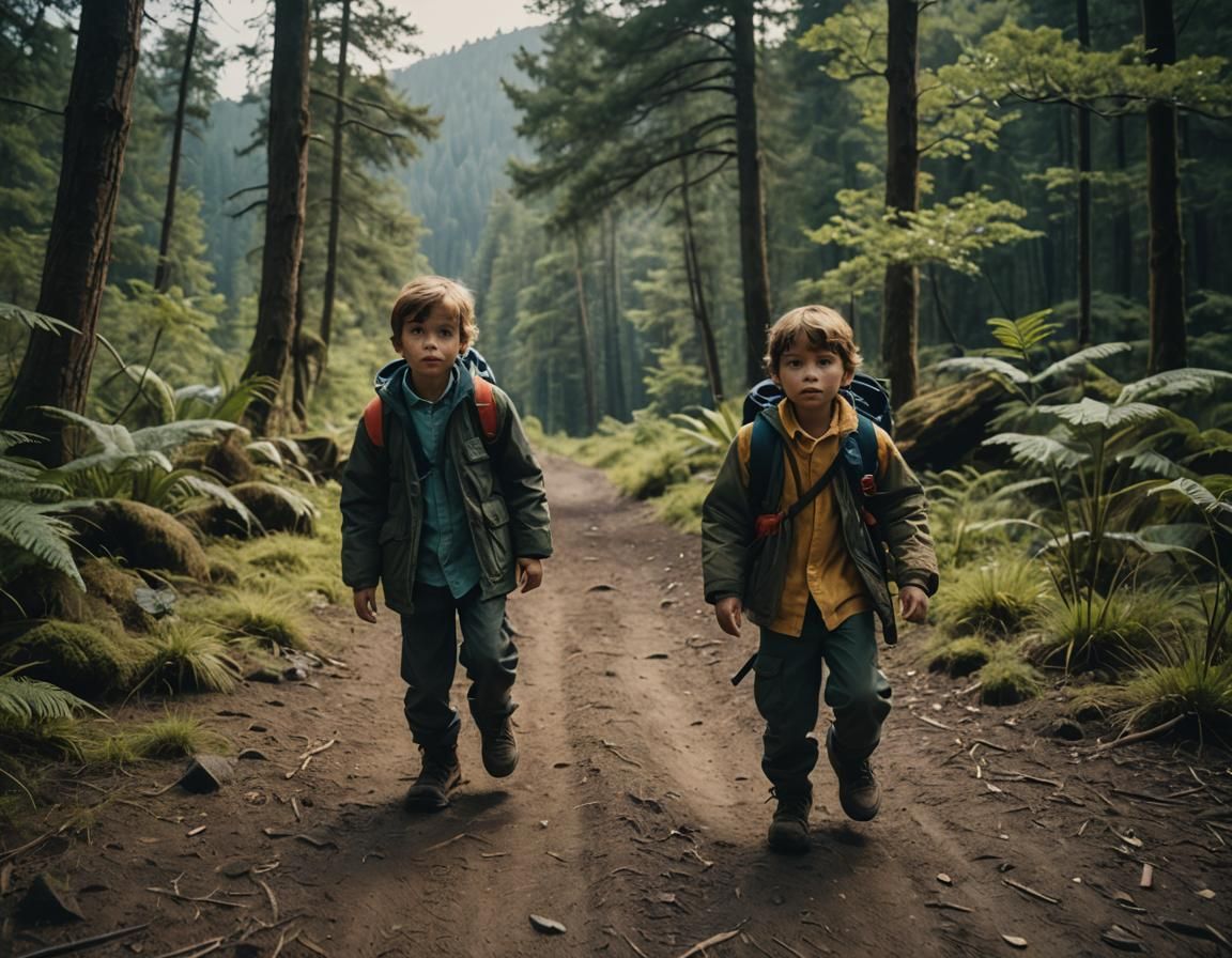 Sibling (Twins) Adventure Cinematic film still, shot on v-ra...