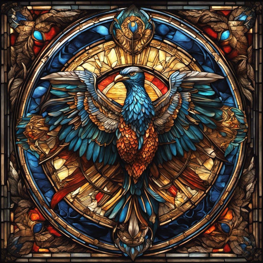 stained glass window depiction of thunderbird