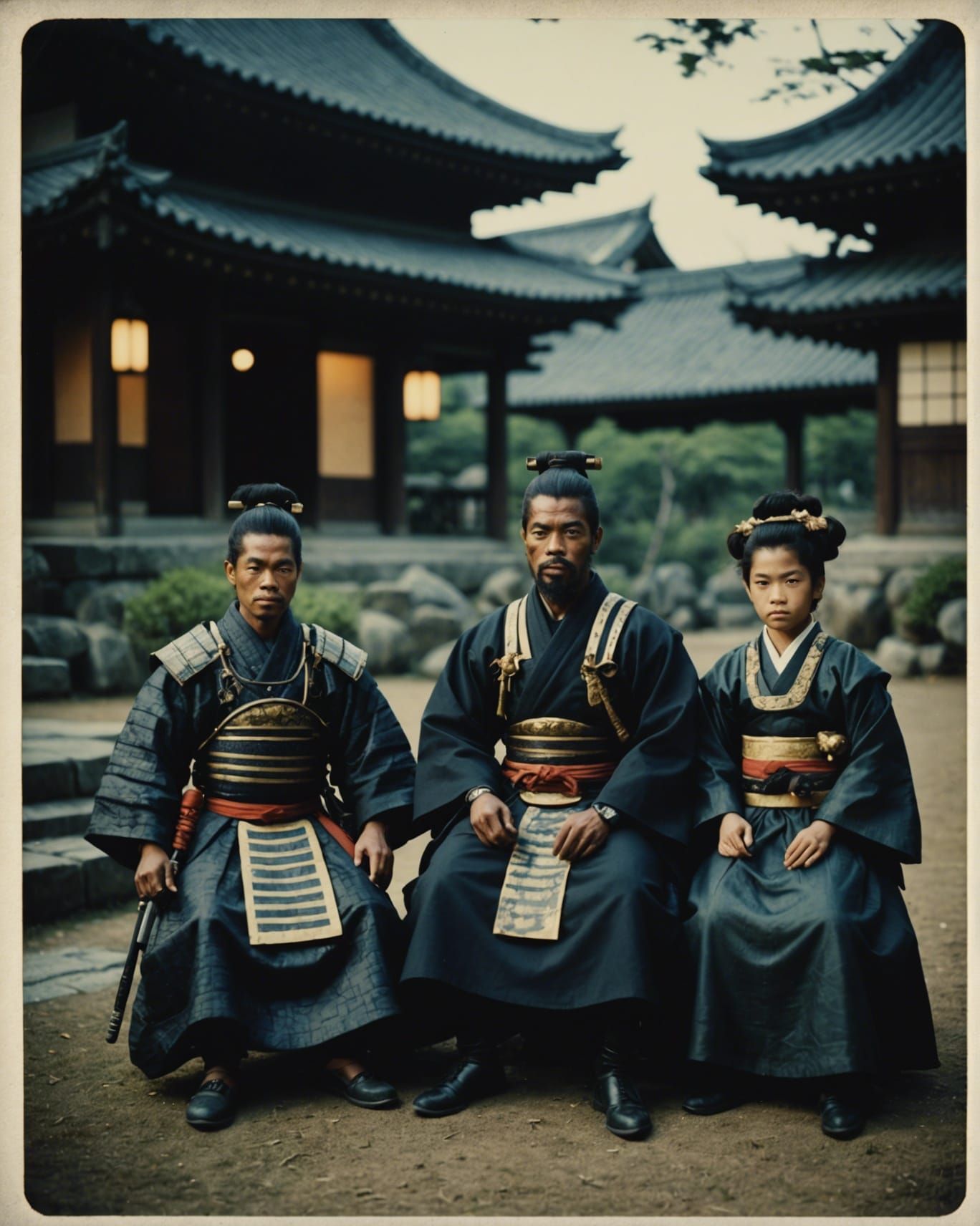 Black samurai family in ancient Japan, vintage photography, ...