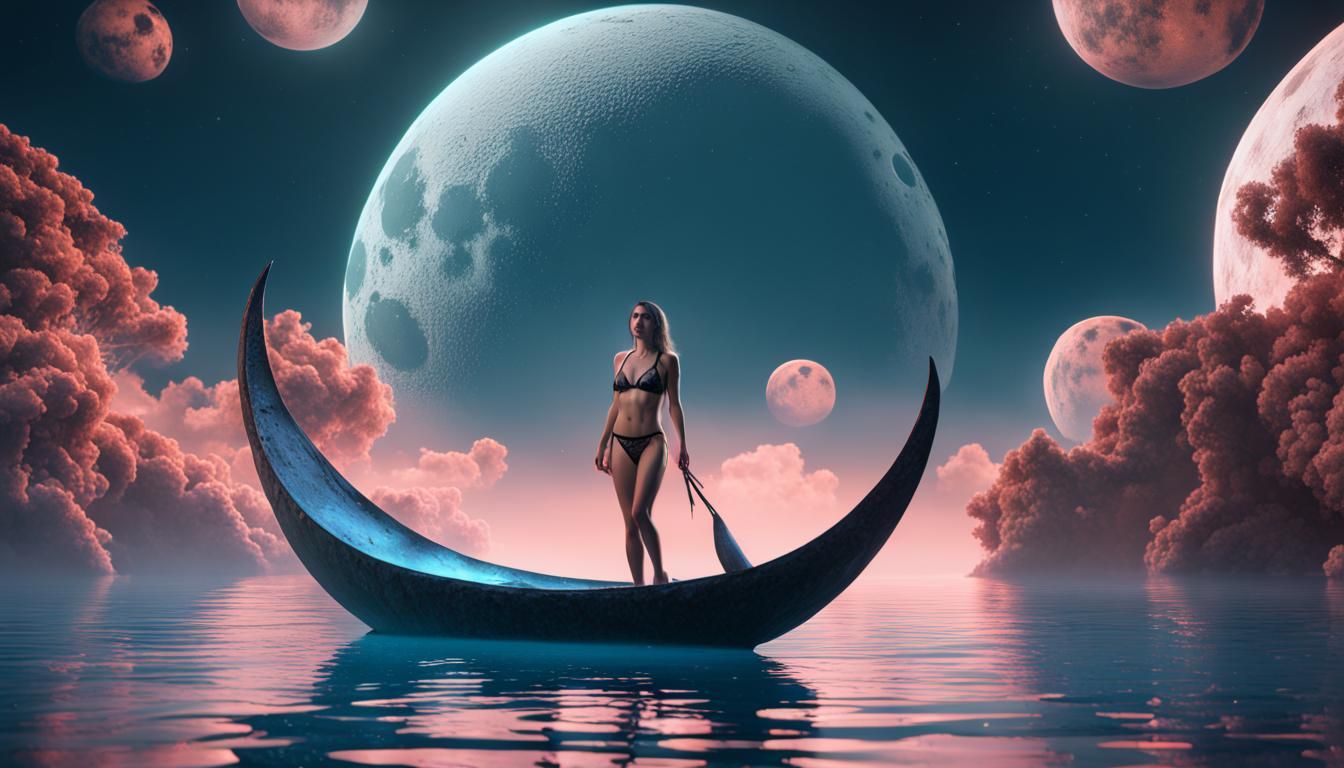 bikini model floats on the surface of the water under the mo...