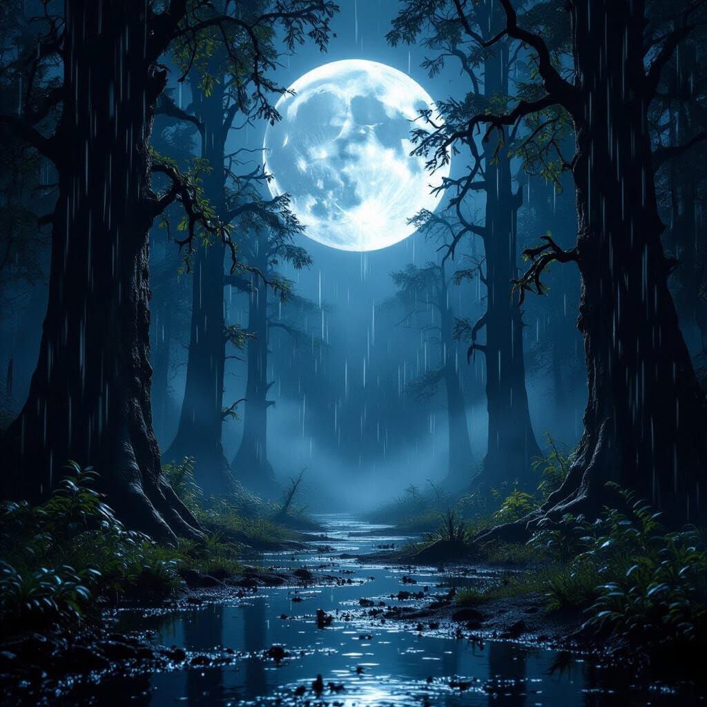 A dark, mysterious forest at night, illuminated by a massive glowing full moon. Heavy rain falls through the tall trees, each raindrop shimm...