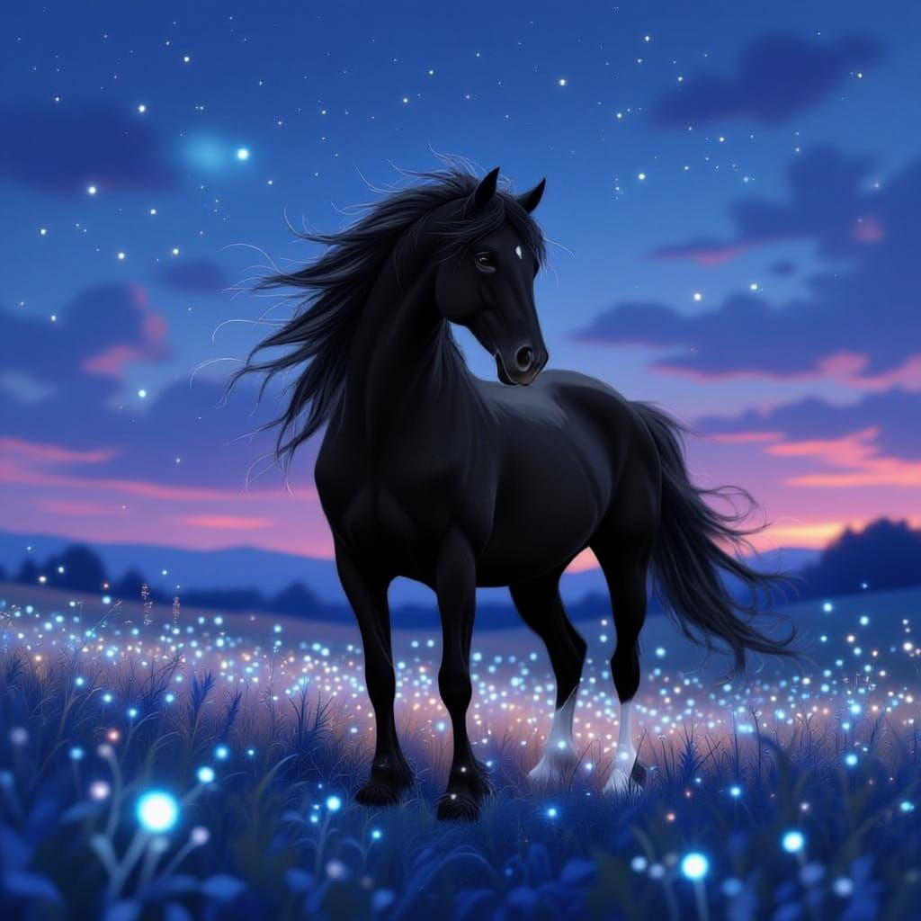 A majestic white stallion with a flowing, starlit mane stands in a field of bioluminescent flora under a twilight sky. Wisps of magical ener...