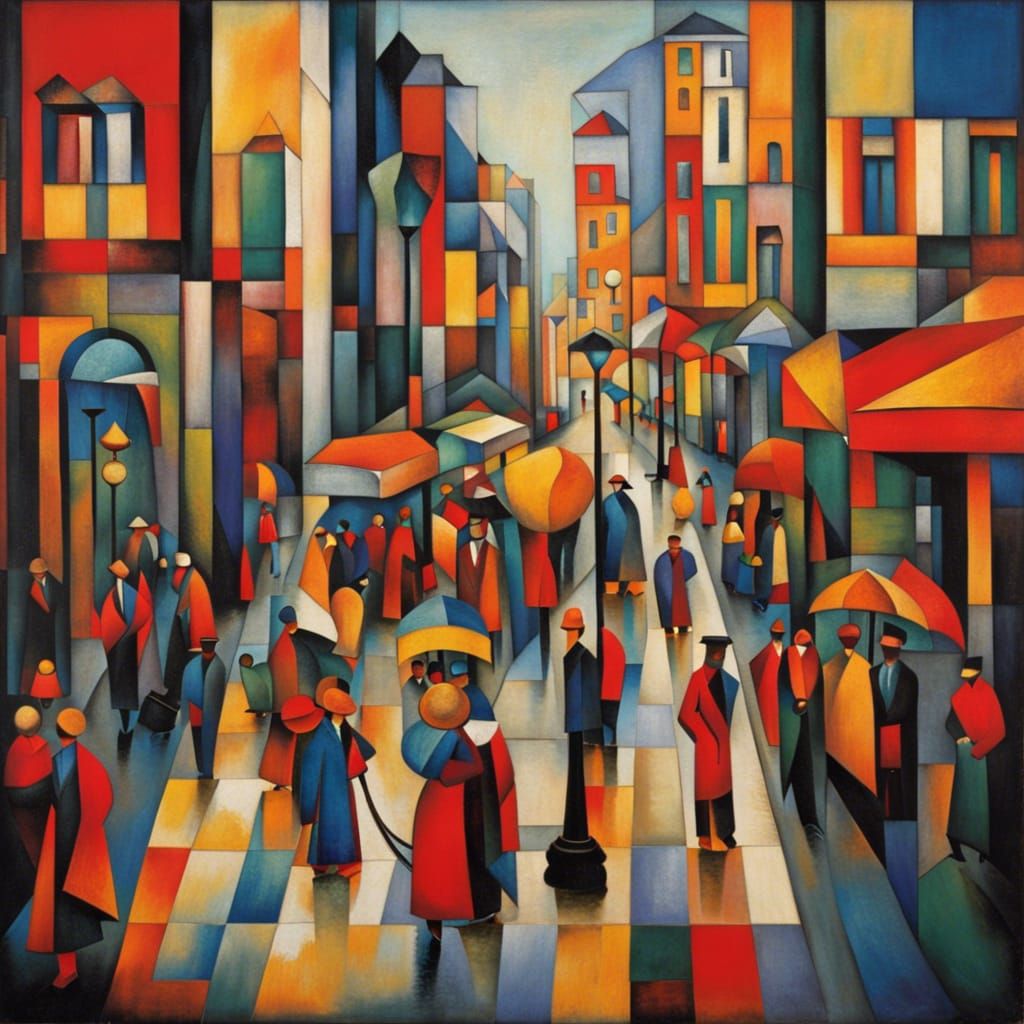 A still life where people walking down the street are simplified into geometric shapes.   by @KRoseCarol