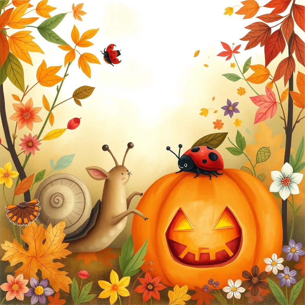 Autumnal Scene with Snail and Ladybug in Watercolor Style