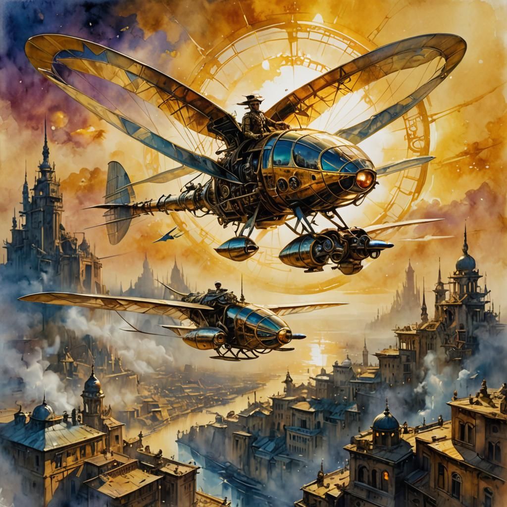 FUTURISTIC STEAMPUNK ORNITHOPTER flying from the sunrise