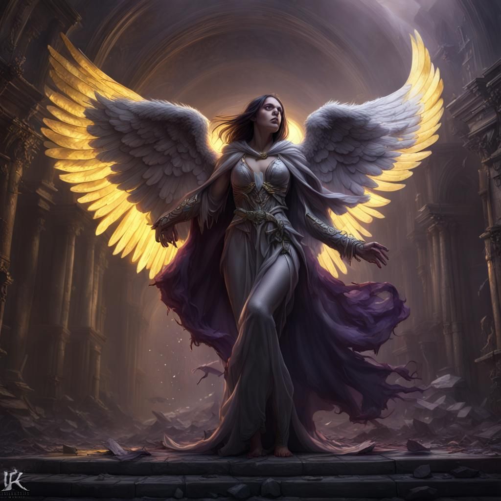 a beautyful fallen angel fighting for her life with a grey cloak - AI ...