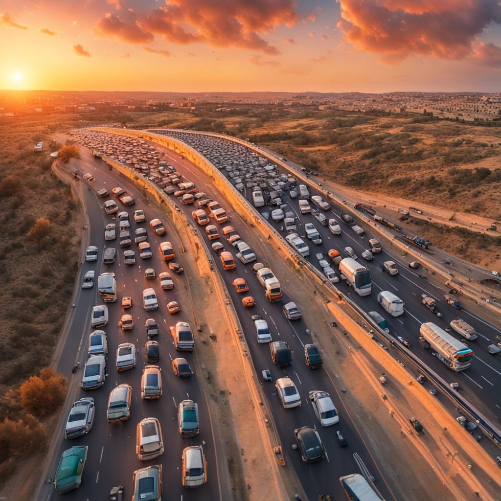Drone View: Huge Traffic Jam at Sunset