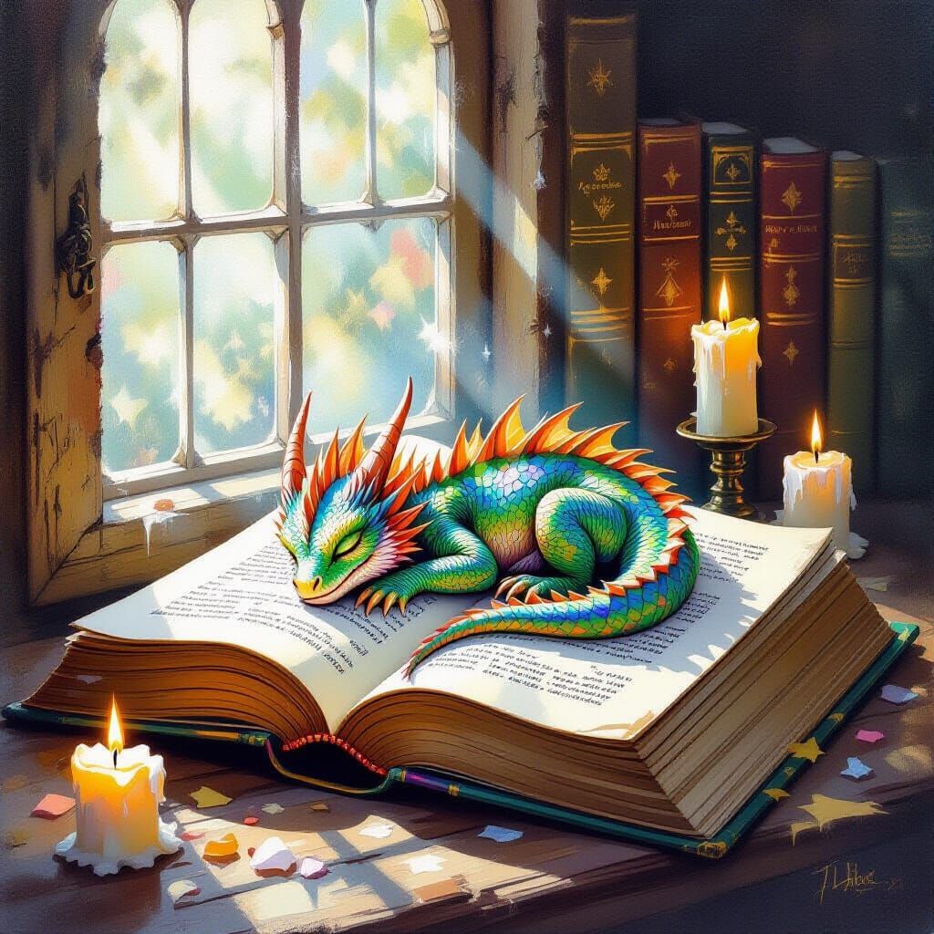 A whimsical scene of a miniature dragon curled up asleep inside an open book, surrounded by glowing runes and floating candles. The dragon's...