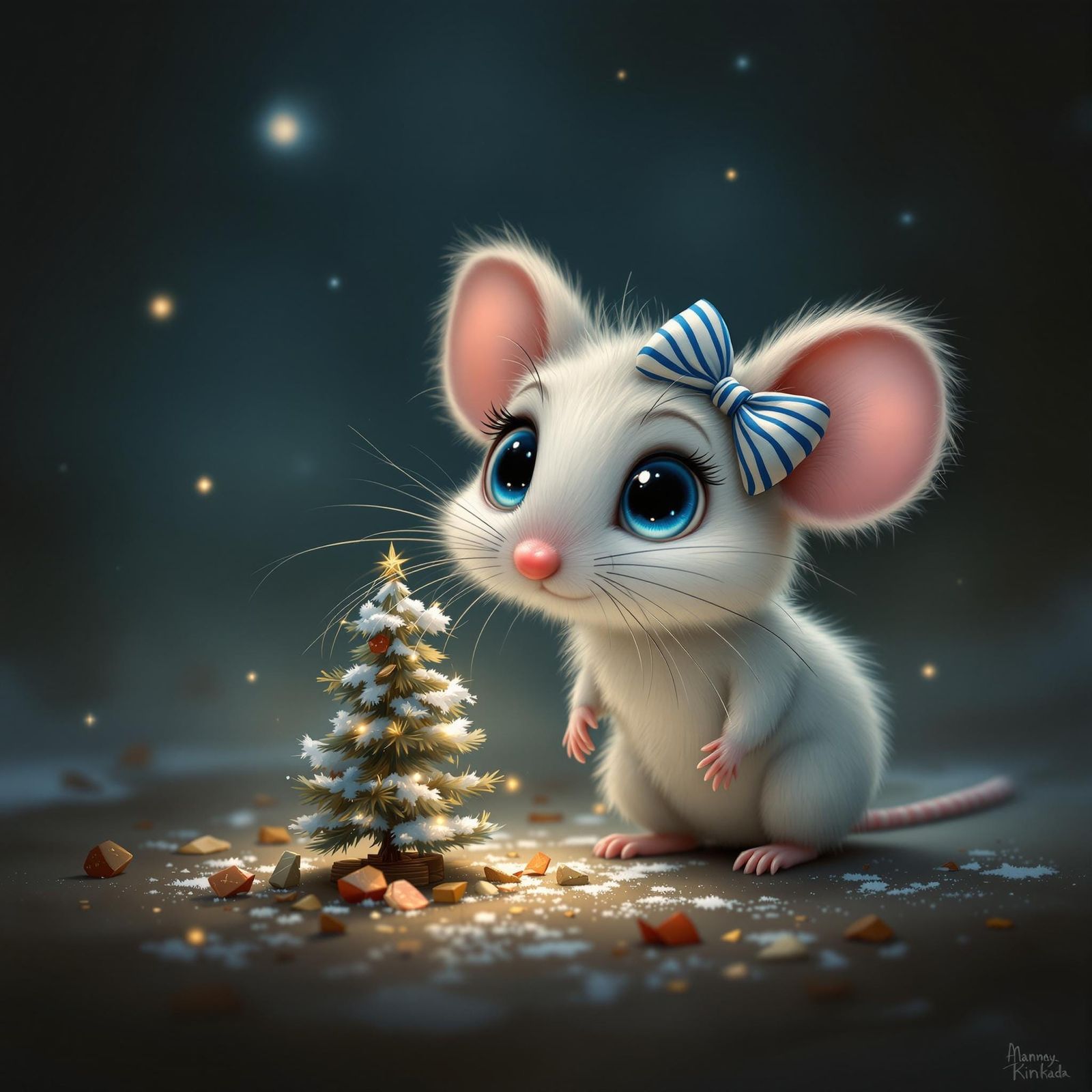 A small, scruffy White and blue candy cane stripped cartoon-like mouse with a bow by her ear, peers over ...  by @Jen Jay