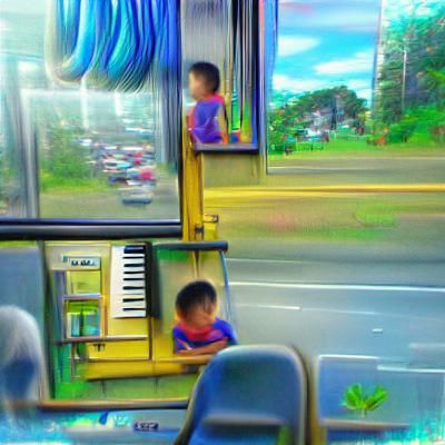 a kid on a bus lising to music 8k