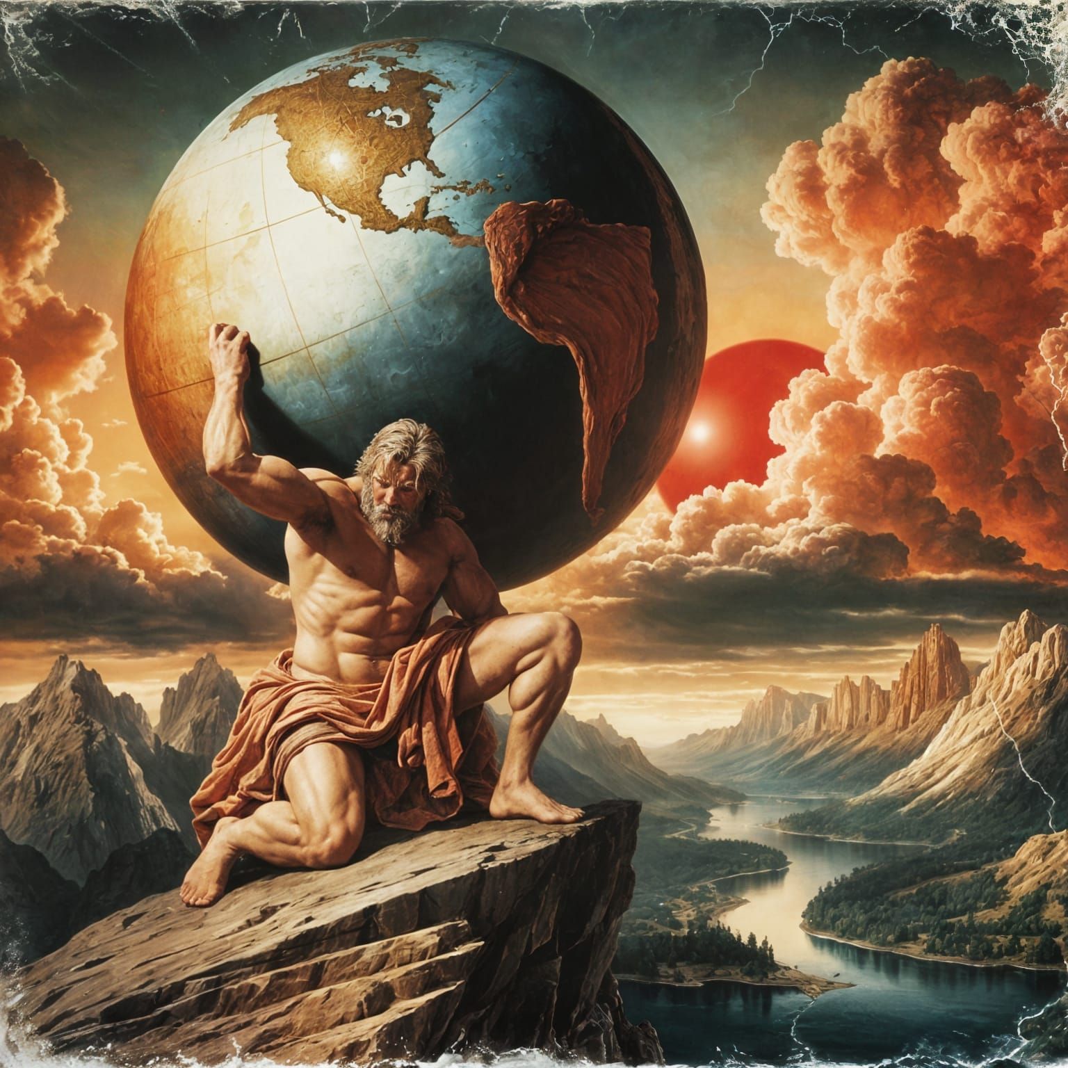 Atlas over a valley with the weight of the world on his shoulders.