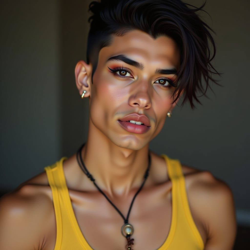 Male leaning Androgyny- Strikingly Pretty masculine presenting person, mid-twenties, slim dancers build, glamourous, striking, glossy lips b...