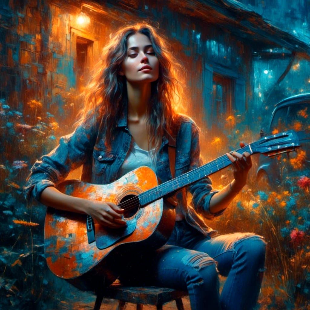   half body portrait, Beautiful  girl playing guitar