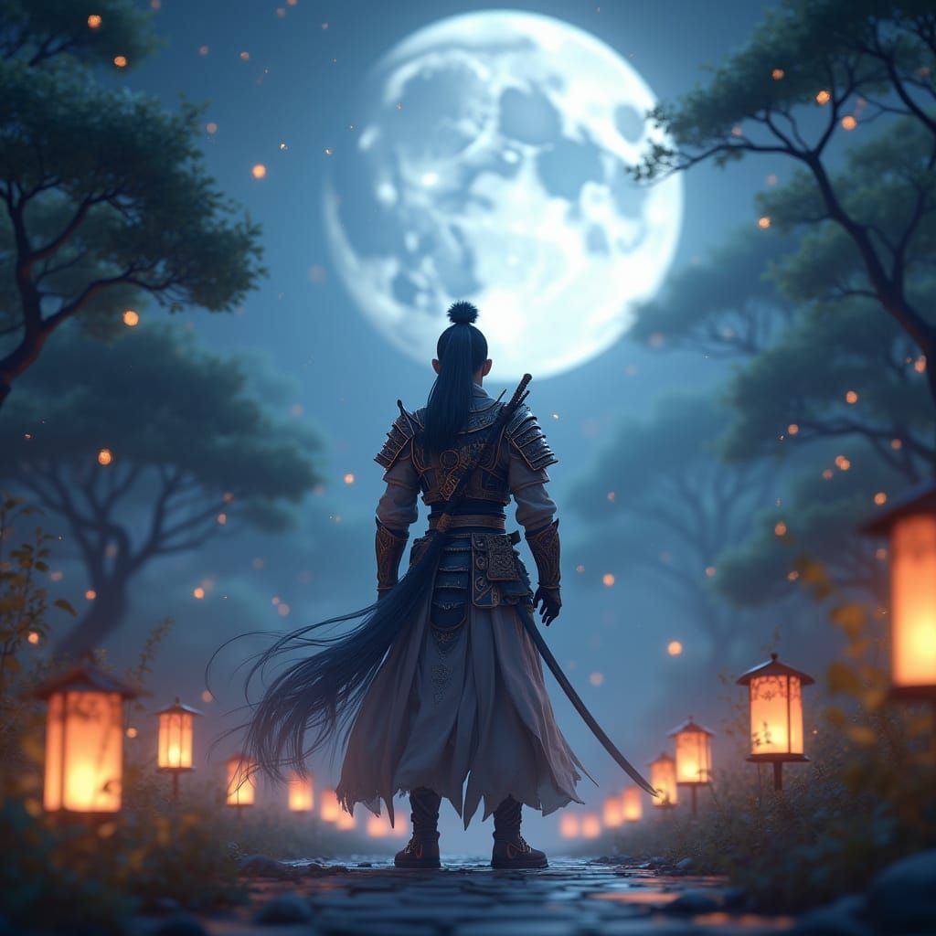 Moonlit Warrior in Anime Style Garden