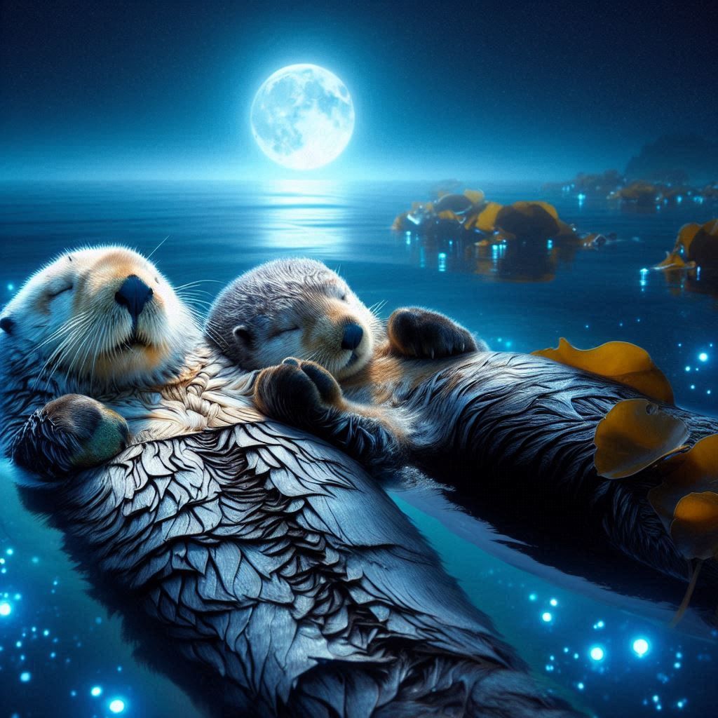 Sleeping Sea Otters, Holding Hands, Wrapped in Kelp