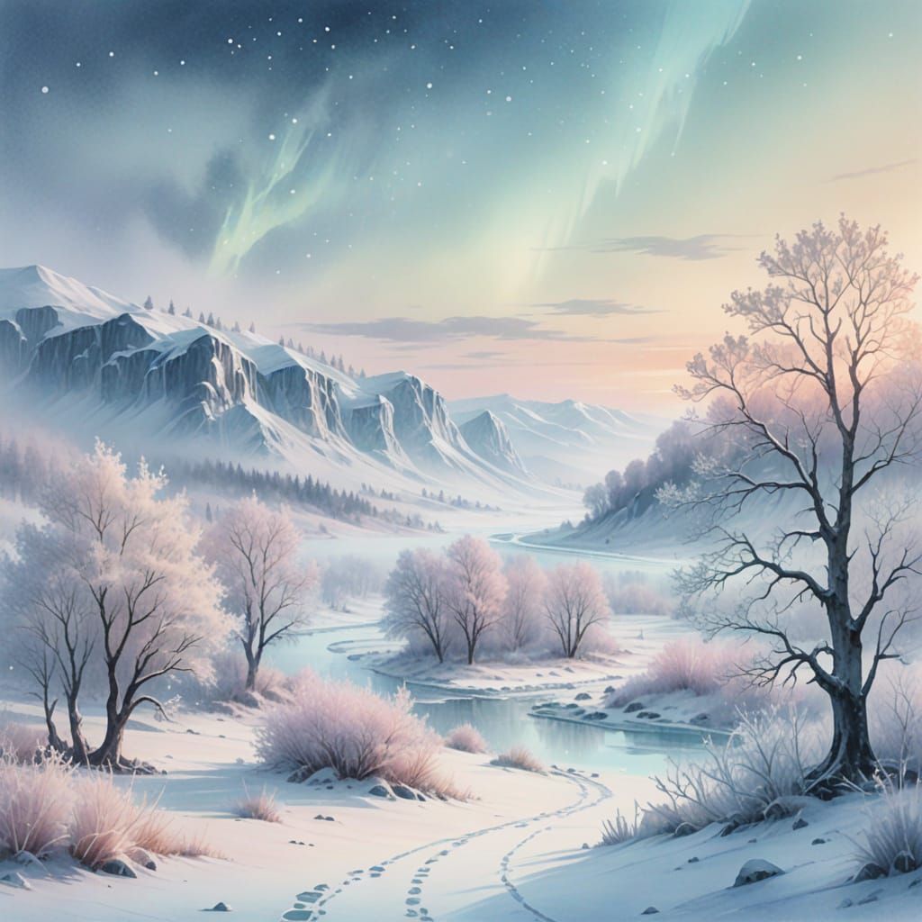 Serene Ice Valley Aurora in Watercolor Style
