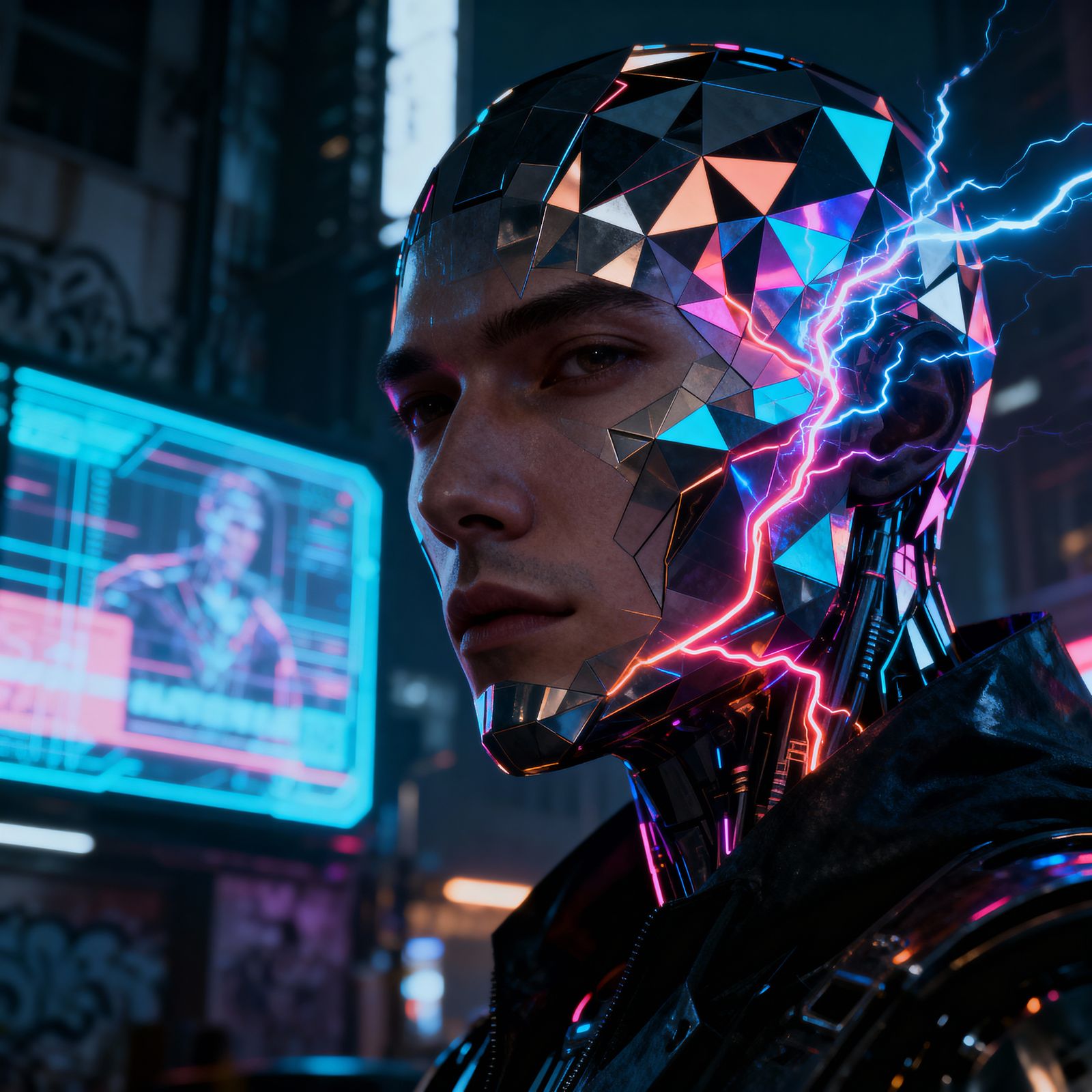 A humanoid figure with a face made of shifting geometric fra...