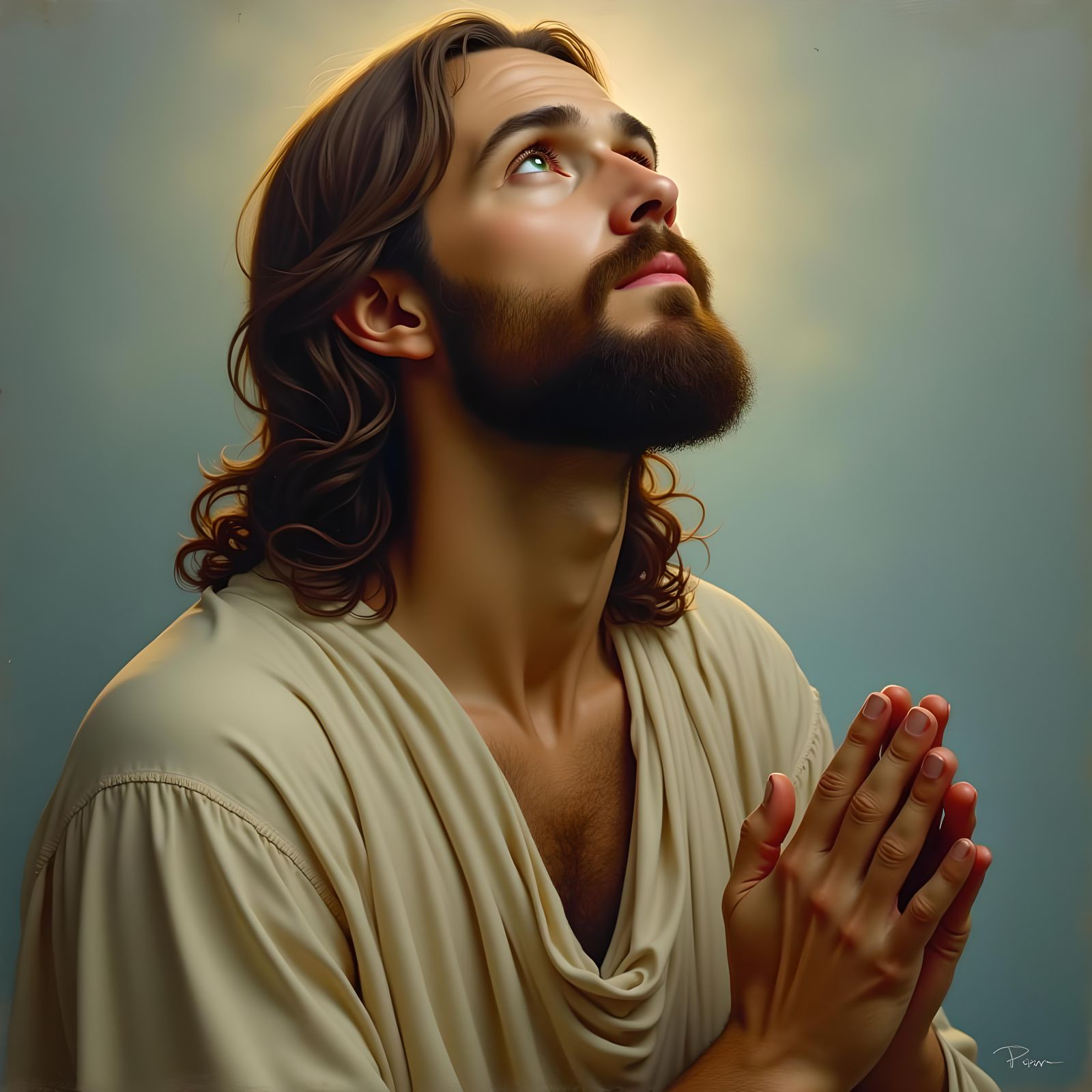 Jesus Praying with Green Eyes
