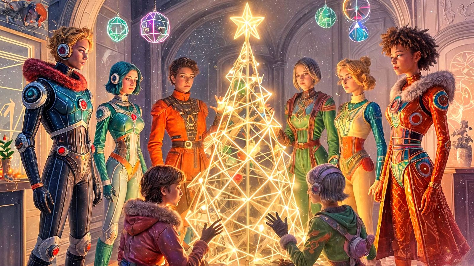 A group of diverse characters in vibrant, angular retro-tech winter outfits are gathered around a glowing, ...  by @Carlos