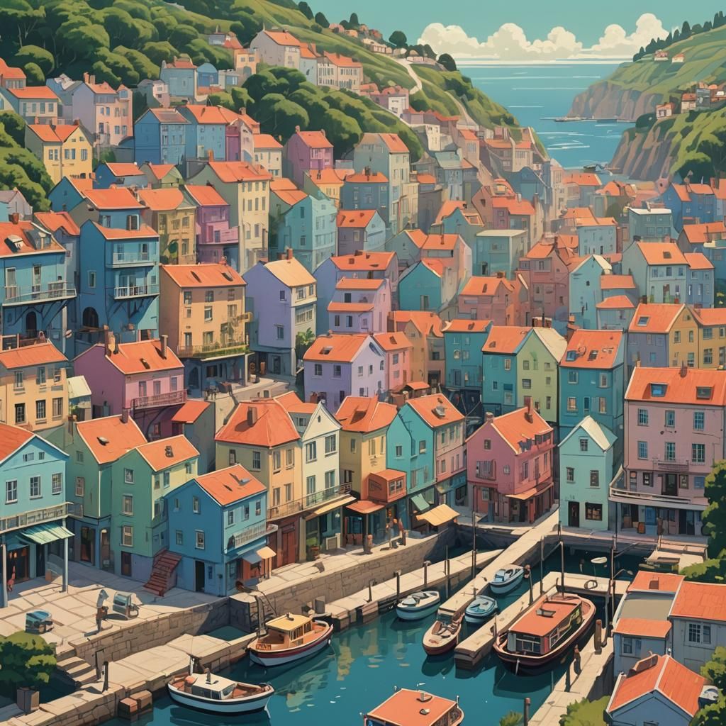 A serene port town, nestled between rolling hills and a spar...