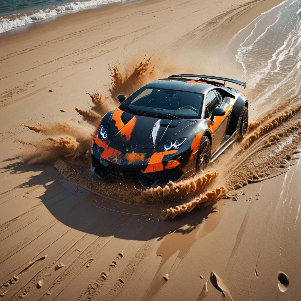Lamborghini Supercar on Beach at Sunrise