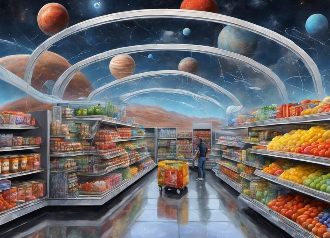 Associate Stocking Shelves in ExtraTerrestrial Walmart Store AI