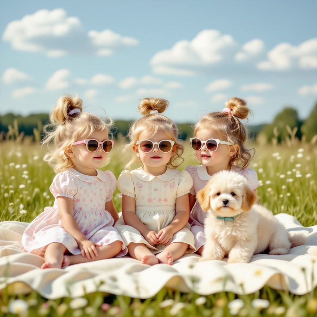 Triplet Girls with Puppy in Sunny Meadow, Impressionistic St...