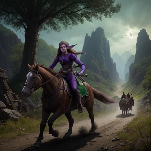 D&D hal-elf woman with her half-orc wife, mastiff, and ridin...
