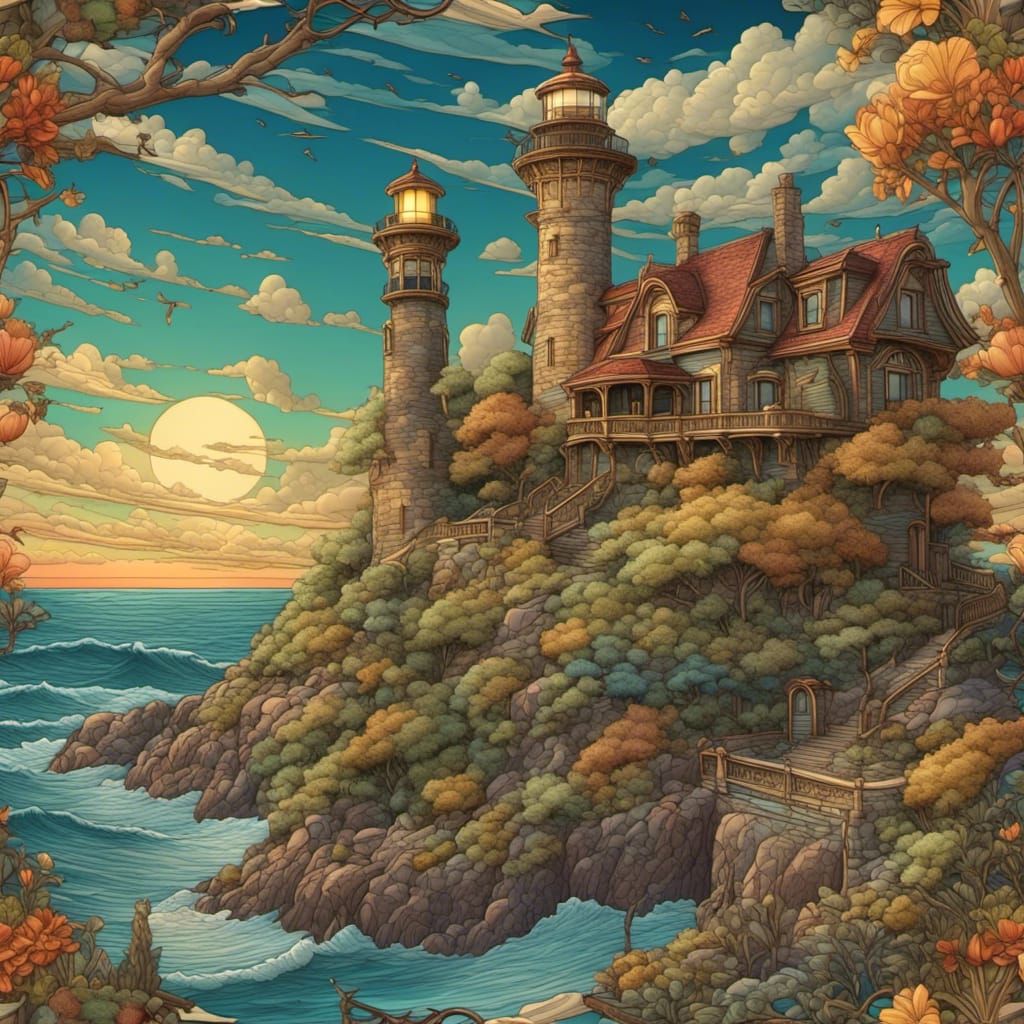 A lighthouse by the sea<lora:Steskers Castles:1.0>3D, highly detailed, Art Nouveau