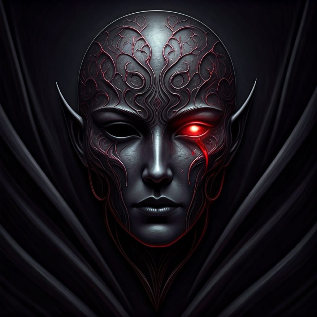 A sacred, religious symbol of a forgotten drow goddess — Lolith-Mirha, the Silent Matron. The symbol is a ceremonial mask, carved from dark ...