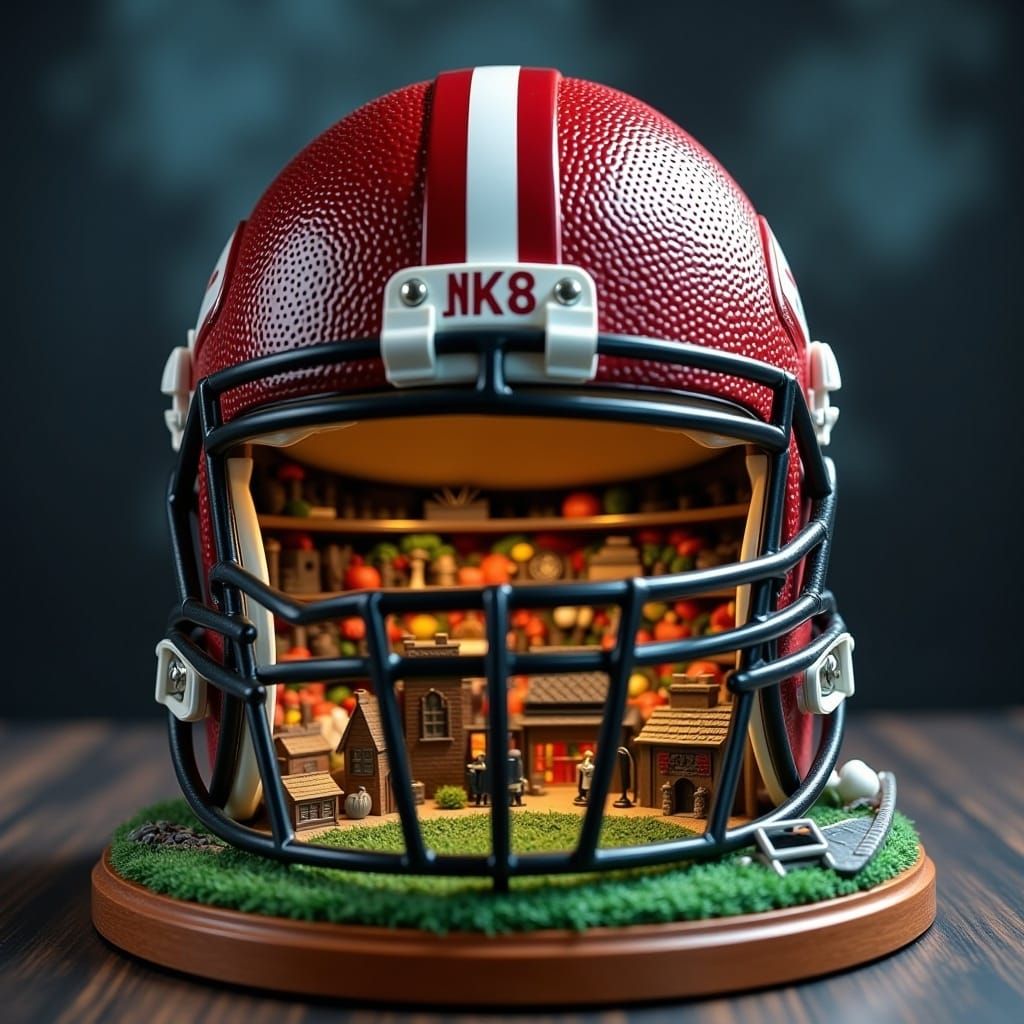 <lora:Diorama Trauma:0.8> The Superbowl, diorama inside a football helmet