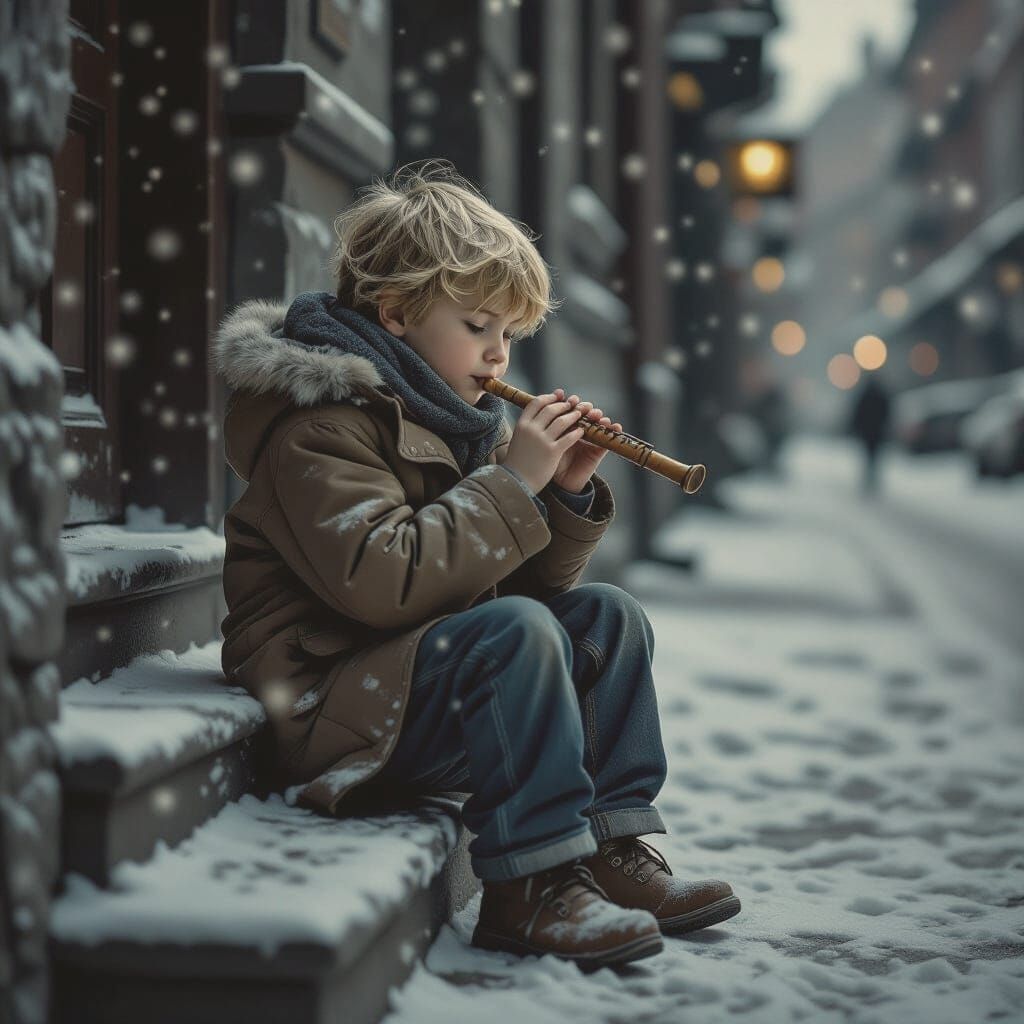 A blond boy sits on a stone in the street. It's cold, it's snowing. The boy has no coat and his clothes are torn. The boy plays the flute. M...