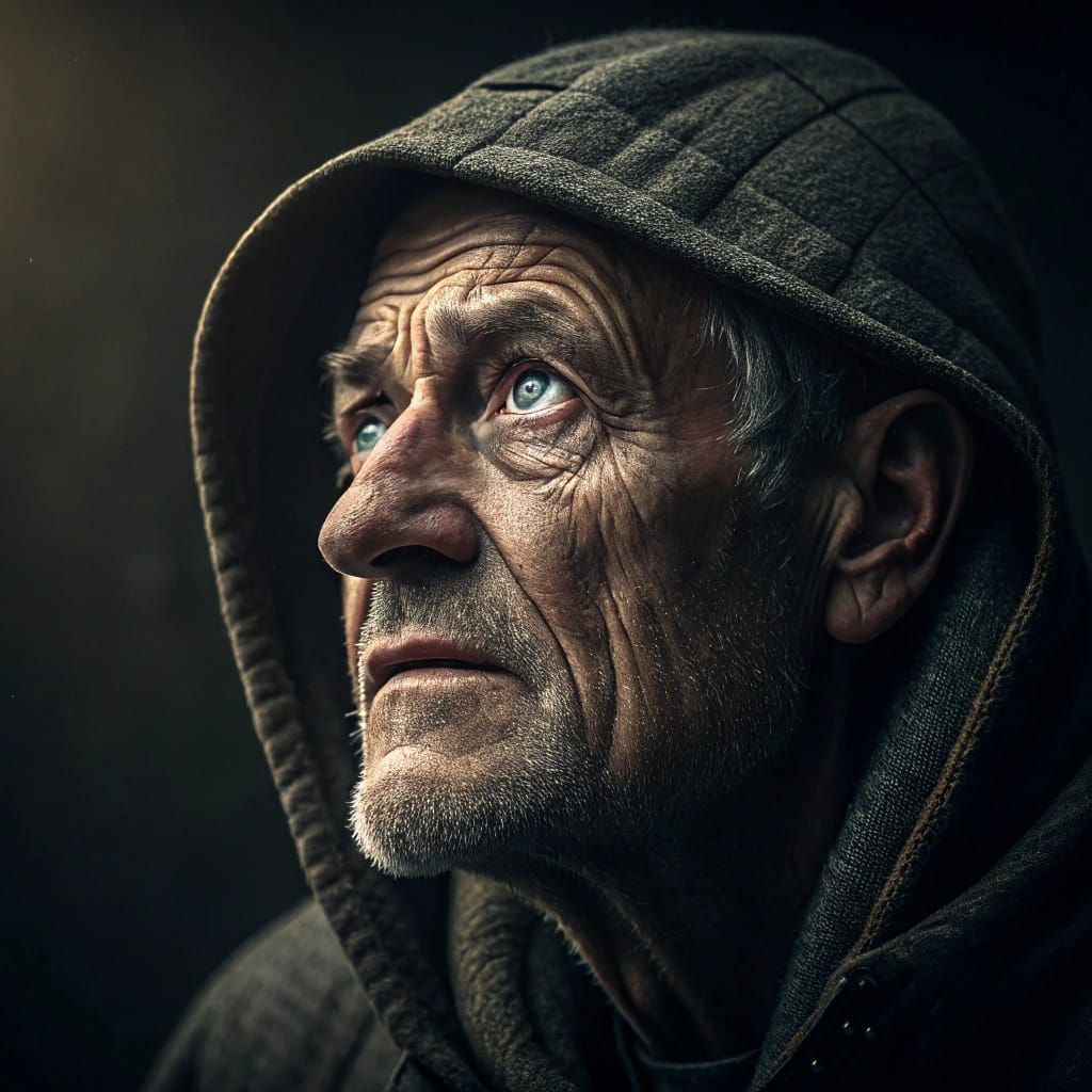 A striking portrayal of resilience: Dramatic lighting and a somber gaze reflect the life stories etched on his weathered face.  by @Phantazia