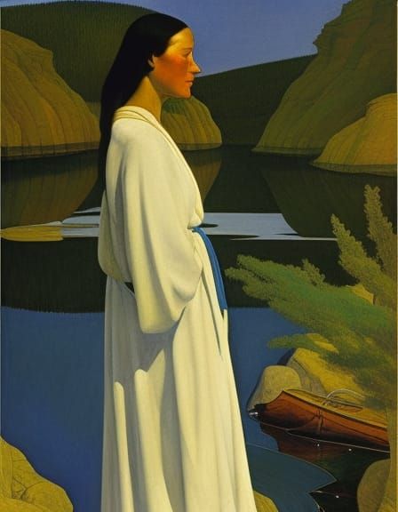 woman, robed in blue waters, river, Jean Giraud, N.C. Wyeth,...