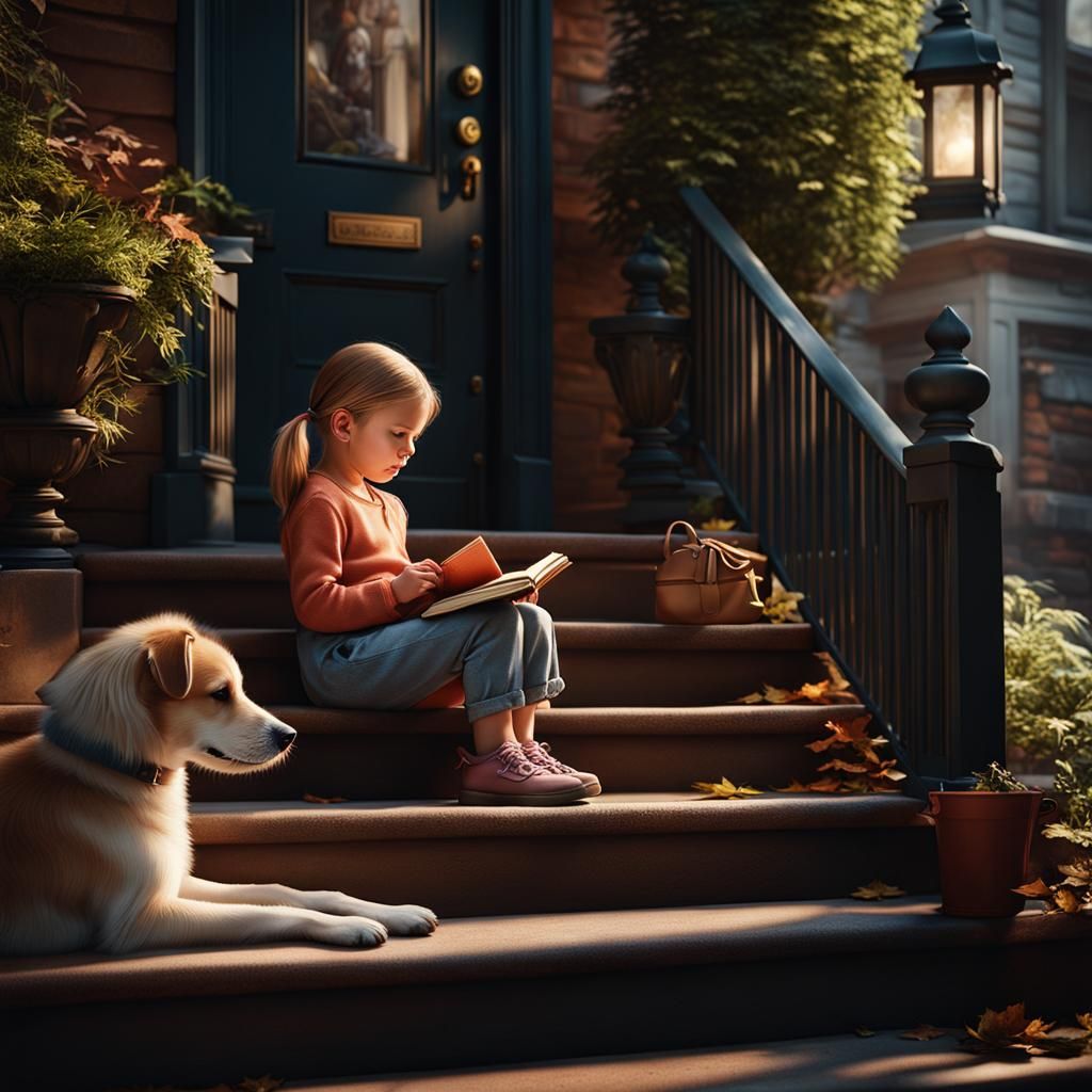 A little girl waiting outside at the stairs of her home with her dog reading a book in New York City ...  by @Aeon