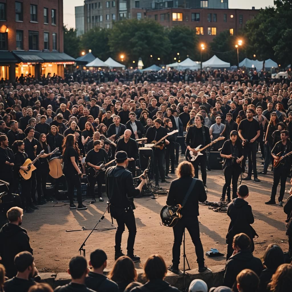 Rock Band Performs in Abandoned City at Dusk