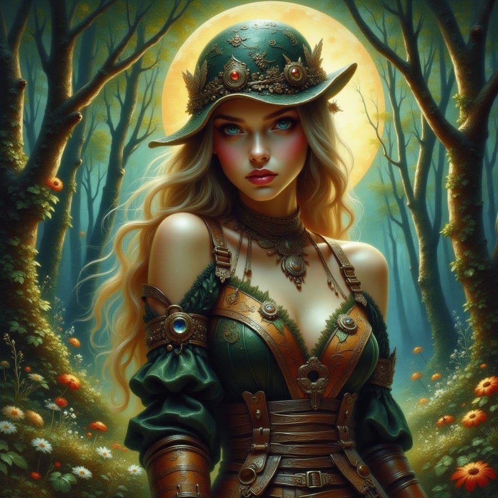 <lora:Oil-HD 2 Flux:1.0> Portrait of a Beautiful stunning nomadic witch wearing leather and lace in a decaying forest under a full moon magi...