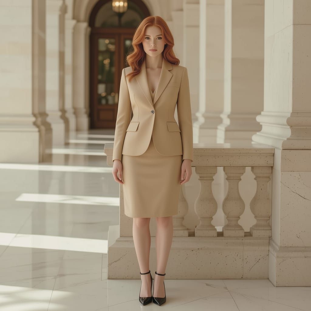 a full body image, visible from head to toe, of an adorably cute young redhead woman wearing a tan blazer and tan skirt in gloss black high ...