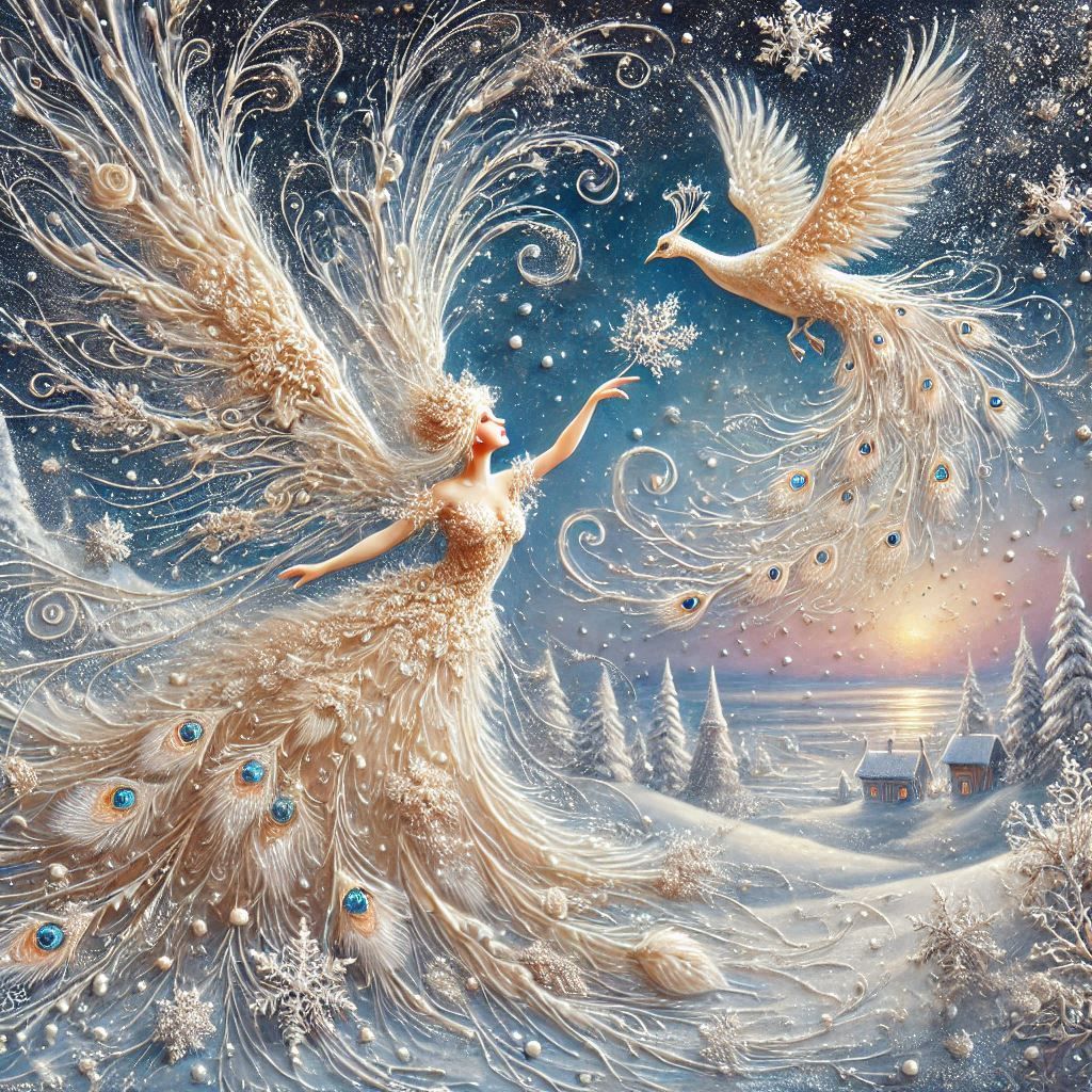 Winter fairy and her beautiful snow peacock