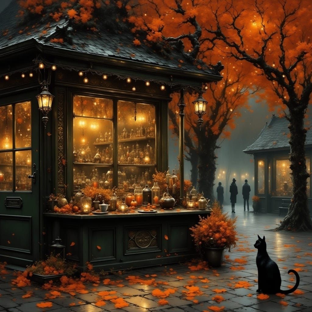Cozy coffee shop aglow with soft candlelight, lanterns, and warm orange hues, surrounded by autumnal elements, sugar skulls, and black cat l...