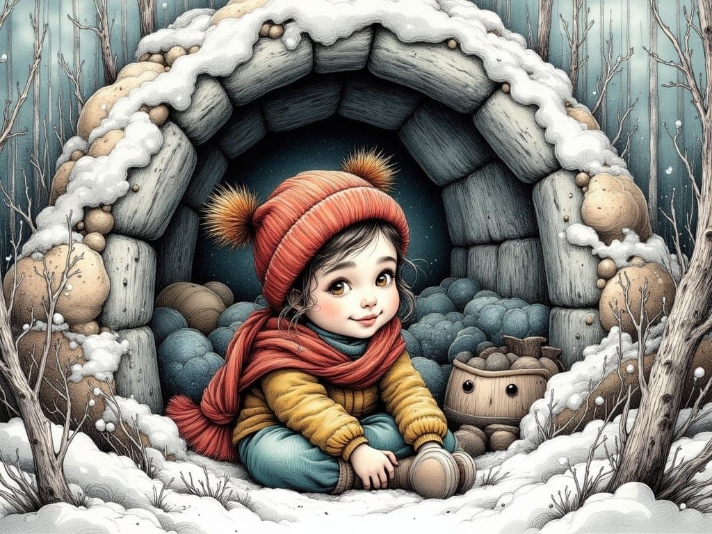 <lora:HRH-moody-inks v2:1.0> Smiling mexican girl in an Igloo,style of holly hobbie, moody ink, hyper detailed , grunge