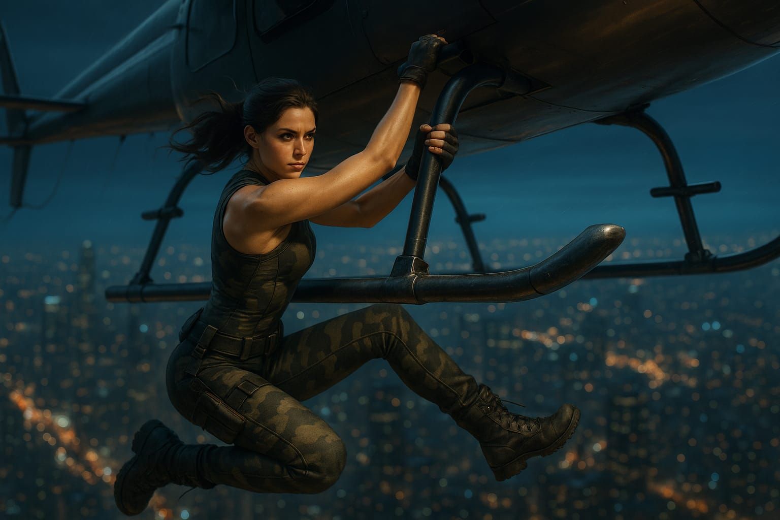 An action heroine hangs on a helicopter landing skid